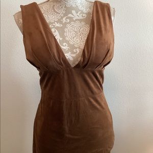 Chestnut Faux Suede padded V neck Midi Dress